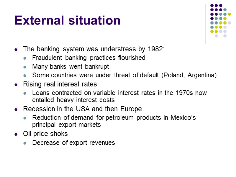 External situation The banking system was understress by 1982: Fraudulent banking practices flourished Many